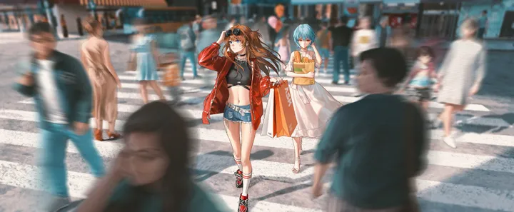 2girls,breasts,crowd,crosswalk,bangs,bag,sunglasses,multiple_girls,multiple_boys,jacket,outdoors,handbag,holding,depth_of_field,brown_hair,blurry,blurry_background,horizontal,balloon,denim,denim_shorts,white_dress,looking_at_viewer,eyewear_on_head,short_hair,shorts,alternate_costume,short_shorts,red_jacket,red_eyes,red_footwear,navel,blue_hair,blue_eyes,street,shirt,bare_legs,open_jacket,open_clothes,walking,road,sneakers,dress,long_hair,long_sleeves,midriff,crop_top,shoes,choker,food,black_shirt,black_choker