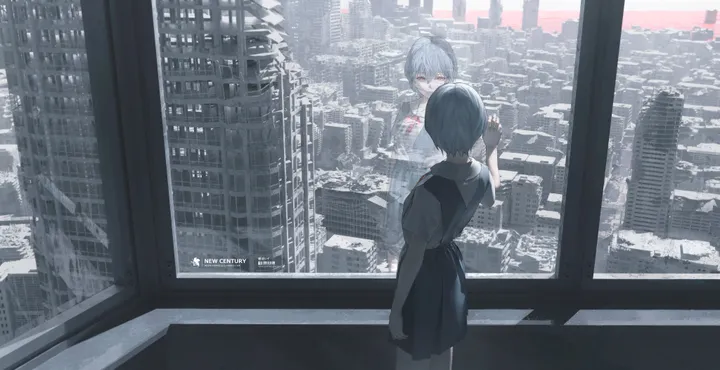 1girl,2girls,ribbon,bangs,reflection,suspender_skirt,city,cityscape,multiple_girls,indoors,hair_between_eyes,building,skyscraper,school_uniform,horizontal,white_shirt,short_hair,short_sleeves,skirt,window,standing,red_ribbon,red_eyes,suspenders,blue_hair,shirt,neck_ribbon,scenery