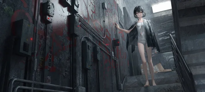 1girl,bangs,solo,stairs,closed_mouth,jacket,indoors,hair_between_eyes,building,hand_up,holding,horizontal,jacket_on_shoulders,white_shirt,looking_at_viewer,short_hair,shorts,standing,red_eyes,blood,blood_on_clothes,shirt,bare_legs,barefoot,open_jacket,open_clothes,collarbone,black_hair,black_jacket