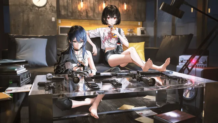 2girls,t-shirt,book,book_stack,crossed_legs,bangs,drinking,closed_mouth,sitting,multiple_girls,indoors,hair_between_eyes,holding,nail_polish,cup,pillow,gun,table,horizontal,rifle,weapon,toenail_polish,lamp,sniper_rifle,white_shirt,looking_at_viewer,short_hair,short_sleeves,shorts,short_shorts,red_eyes,navel,feet,soles,toes,toenails,blue_hair,blue_eyes,shirt,pants,bare_legs,barefoot,long_hair,midriff,crop_top,choker,black_hair,black_shorts,black_pants,black_choker