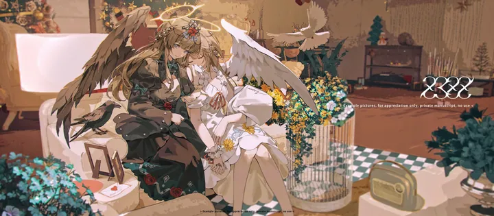 2girls,ribbon,bangs,closed_eyes,closed_mouth,sitting,multiple_girls,angel,halo,angel_wings,hair_ornament,indoors,brown_hair,plant,horizontal,couch,holding_hands,rose,white_wings,white_flower,white_dress,yuri,short_sleeves,smile,cage,red_flower,feathered_wings,wings,blue_flower,puffy_sleeves,dress,blonde_hair,long_hair,long_sleeves,off_shoulder,off-shoulder_dress,flower,bird,birdcage,black_dress