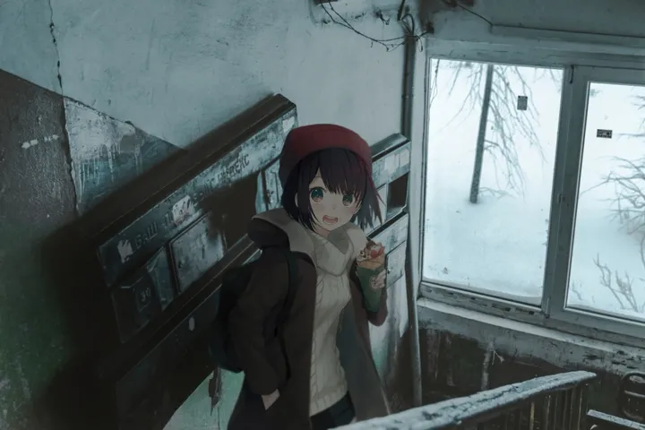 1girl,bangs,bag,solo,backpack,crepe,coat,indoors,hat,open_mouth,hand_in_pocket,holding,holding_food,bare_tree,tree,brown_eyes,ribbed_sweater,horizontal,sweater,white_sweater,looking_at_viewer,short_hair,window,standing,smile,red_headwear,blush,open_clothes,long_sleeves,food,turtleneck,turtleneck_sweater,black_hair