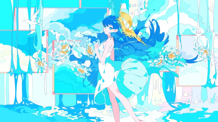 1girl,cloud,bangs,solo,feet_out_of_frame,sun_hat,hat,holding,sleeveless,sleeveless_dress,horizontal,white_flower,white_dress,looking_at_viewer,standing,straw_hat,blue_theme,blue_hair,blue_eyes,dress,long_hair,flower,yellow_flower