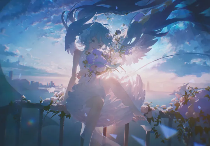 1girl,cloud,bangs,solo,twintails,sitting,city,cityscape,cloudy_sky,angel_wings,sky,hair_flower,hair_ornament,building,open_mouth,very_long_hair,outdoors,holding_bouquet,arm_support,holding,sleeveless,sleeveless_dress,railing,horizontal,rose,day,white_rose,white_wings,white_flower,white_dress,looking_at_viewer,smile,purple_flower,feathered_wings,wings,bouquet,blue_sky,blue_hair,blue_eyes,blue_flower,bare_arms,barefoot,dress,backlighting,long_hair,one_eye_closed,bare_shoulders,floating_hair,flower