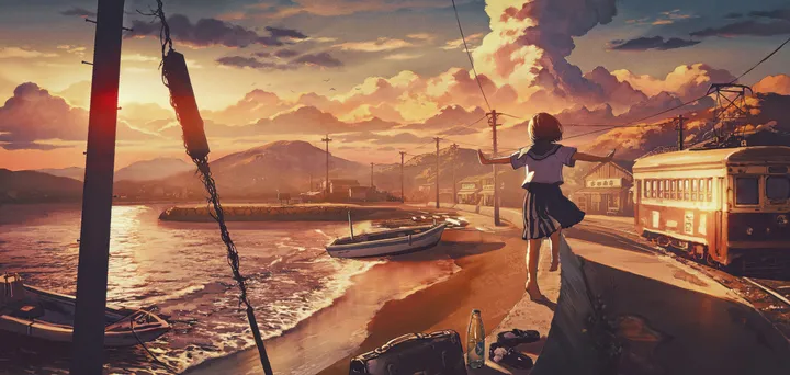 1girl,cloud,outstretched_arms,spread_arms,train,balancing,bag,solo,horizon,ground_vehicle,cloudy_sky,sky,outdoors,sunset,school_uniform,brown_hair,horizontal,water,serafuku,sailor_collar,ocean,utility_pole,power_lines,white_shirt,pleated_skirt,short_hair,short_sleeves,skirt,from_behind,boat,watercraft,shirt,barefoot,railroad_tracks,facing_away,scenery