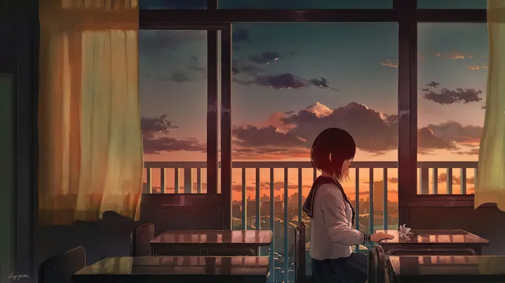 1girl,desk,cloud,from_side,solo,cloudy_sky,sky,indoors,classroom,sunset,school_uniform,brown_hair,chair,horizontal,serafuku,sailor_collar,white_shirt,short_hair,skirt,window,curtains,signature,shirt,school_desk,long_sleeves,scenery,black_hair