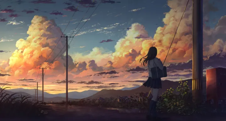 1girl,school_bag,cloud,evening,bag,solo,kneehighs,twilight,cloudy_sky,sky,mountain,mountainous_horizon,outdoors,sunset,school_uniform,horizontal,water,serafuku,utility_pole,power_lines,white_shirt,pleated_skirt,skirt,standing,from_behind,grass,blue_skirt,shirt,socks,road,long_hair,facing_away,shoes,scenery,flower,black_hair