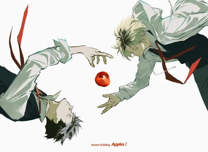 2boys,falling,reaching,upside-down,hood,closed_eyes,two-tone_hair,multiple_boys,multicolored_hair,jacket,collared_shirt,simple_background,horizontal,fruit,hood_down,rotational_symmetry,male_focus,white_hair,white_jacket,white_background,white_shirt,looking_at_another,short_hair,red_necktie,vest,apple,shirt,hoodie,long_sleeves,necktie,food,yellow_eyes,black_hair,black_vest