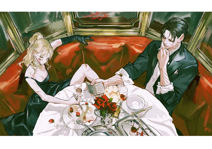 1girl,1boy,breasts,cleavage,single_hair_bun,single_glove,hair_bun,sitting,jacket,indoors,knife,gloves,blood_on_arm,holding,sleeveless,sleeveless_dress,collared_shirt,cup,table,tablecloth,horizontal,formal,jewelry,white_shirt,plate,looking_at_another,short_hair,smile,wine_glass,earrings,blood_on_face,cake,blood,blood_on_clothes,strap_slip,shirt,suit,dress,drinking_glass,blonde_hair,long_hair,bare_shoulders,choker,food,fork,black_hair,black_jacket,black_gloves,black_dress