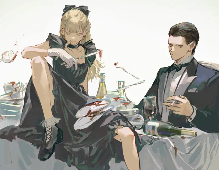 1girl,1boy,pouring,bangs,knee_up,sitting,jacket,knife,holding_cigarette,gloves,holding_knife,holding,holding_fork,cup,table,tablecloth,horizontal,formal,jewelry,bottle,white_gloves,white_background,plate,short_hair,smile,wine_glass,earrings,hair_slicked_back,wine,bow,hair_bow,blood,shirt,socks,suit,dress,alcohol,drinking_glass,wine_bottle,blonde_hair,long_hair,shoes,choker,bowtie,food,fork,cigarette,black_hair,black_jacket,black_bow,black_dress,black_footwear,black_bowtie