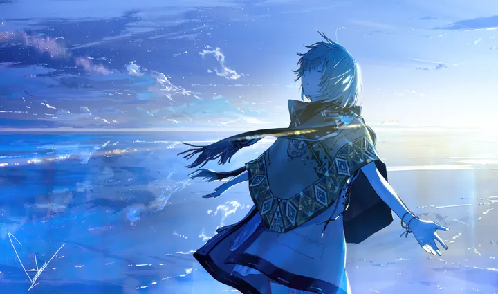 1girl,cowboy_shot,cloud,outstretched_arms,profile,bangs,solo,closed_eyes,scarf,horizon,cloudy_sky,sky,capelet,parted_lips,outdoors,bracelet,star_sky,horizontal,ocean,jewelry,short_hair,standing,signature,blue_theme,blue_sky,poncho,scenery