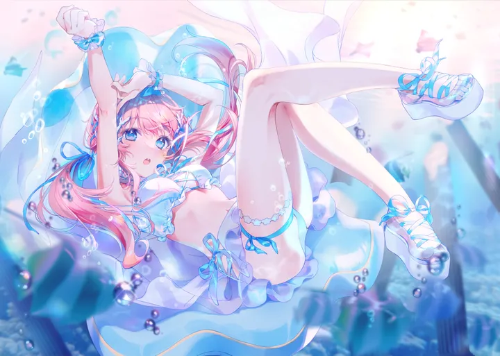 1girl,virtual_youtuber,ribbon,medium_breasts,arms_up,breasts,full_body,sandals,bangs,solo,twintails,multicolored_hair,thigh_strap,hair_ribbon,open_mouth,horizontal,bikini,air_bubble,underwater,bubble,swimsuit,white_bikini,looking_at_viewer,pink_hair,blush,armpits,frills,frilled_bikini,blue_hair,blue_bikini,blue_eyes,long_hair,fish