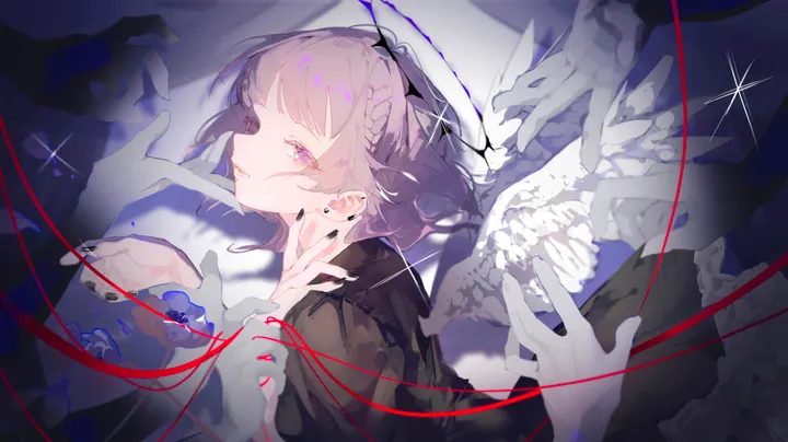 1girl,braid,from_side,bangs,solo,string_of_fate,angel,halo,angel_wings,parted_lips,nail_polish,disembodied_limb,horizontal,jewelry,white_wings,looking_at_viewer,short_hair,purple_hair,purple_eyes,string,feathered_wings,wings,earrings,dress,black_nails,black_dress