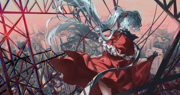 1girl,cowboy_shot,ribbon,bangs,solo,twintails,city,cityscape,hair_ribbon,hair_ornament,capelet,building,very_long_hair,outdoors,gloves,dress_lift,skyscraper,clothes_lift,horizontal,aqua_hair,looking_at_viewer,red_ribbon,red_capelet,red_dress,frills,blue_hair,blue_eyes,dress,long_hair,floating_hair,black_gloves