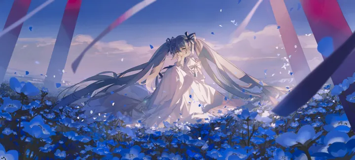 1girl,ribbon,cloud,bangs,solo,closed_eyes,twintails,sitting,cloudy_sky,sky,hair_ribbon,very_long_hair,outdoors,horizontal,field,white_dress,petals,flower_field,blue_flower,absurdly_long_hair,dress,long_hair,flower