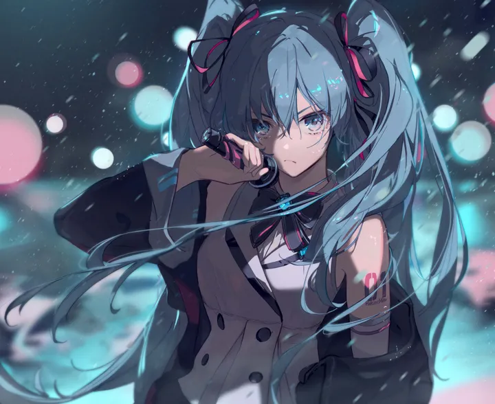 1girl,detached_sleeves,ribbon,upper_body,light_particles,bangs,solo,twintails,closed_mouth,hair_ribbon,jacket,hair_between_eyes,very_long_hair,holding,holding_microphone,sleeveless,sleeveless_shirt,depth_of_field,collared_shirt,blurry,blurry_background,horizontal,bokeh,white_shirt,frown,v-shaped_eyebrows,looking_at_viewer,tattoo,buttons,blue_hair,blue_eyes,bow,shirt,long_hair,long_sleeves,bare_shoulders,off_shoulder,bowtie,microphone,black_ribbon,black_jacket