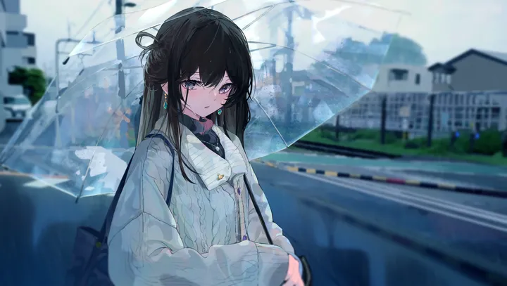 1girl,upper_body,bangs,bag,solo,shoulder_bag,building,parted_lips,outdoors,holding,holding_umbrella,blurry,blurry_background,horizontal,sweater,jewelry,looking_at_viewer,tears,earrings,transparent,transparent_umbrella,long_hair,long_sleeves,rain,umbrella,black_hair