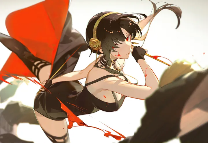 1girl,breasts,cleavage,bangs,dagger,solo,solo_focus,two-sided_fabric,two-sided_dress,hairband,closed_mouth,hair_flower,hair_ornament,sidelocks,knife,gloves,holding_dagger,holding_weapon,holding,fingerless_gloves,sleeveless,sleeveless_dress,horizontal,weapon,blood_on_weapon,jewelry,white_background,looking_at_viewer,red_eyes,earrings,blood_on_face,blood,large_breasts,thighhighs,dress,gold_hairband,long_hair,boots,bare_shoulders,flower,black_hair,black_gloves,black_thighhighs,black_dress