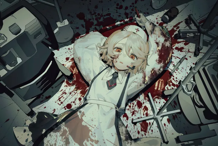 1girl,arms_up,on_back,bangs,solo,apron,on_floor,hair_between_eyes,open_mouth,parted_lips,holding,collared_shirt,horizontal,orange_eyes,white_apron,white_shirt,looking_at_viewer,short_hair,skirt,suspenders,blood_on_face,blood,blood_splatter,blood_on_clothes,shirt,lying,dress,blonde_hair,long_sleeves,necktie,black_necktie