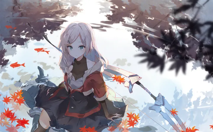 1girl,braid,breasts,from_above,bangs,sword,solo,single_braid,reflection,hairclip,leaf,closed_mouth,sitting,hair_ornament,jacket,gloves,hair_over_shoulder,maple_leaf,horizontal,weapon,water,ripples,white_hair,looking_at_viewer,skirt,autumn_leaves,red_jacket,green_eyes,thighhighs,long_hair,polearm,black_gloves