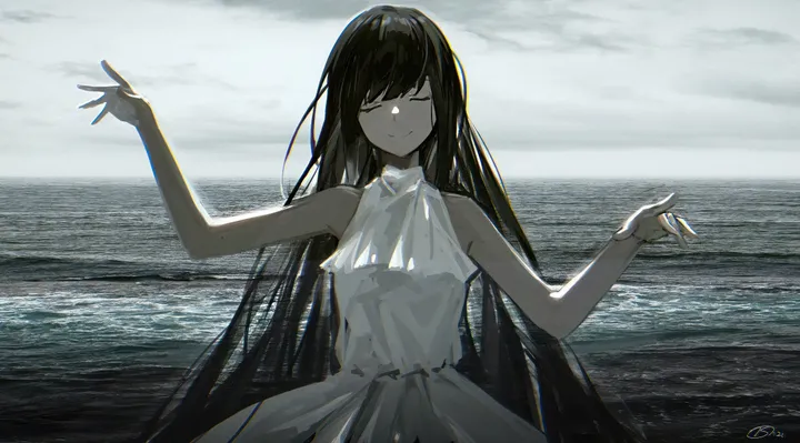 1girl,cloud,bangs,solo,hands_up,closed_eyes,closed_mouth,horizon,cloudy_sky,sky,very_long_hair,outdoors,sleeveless,sleeveless_dress,horizontal,water,ocean,white_dress,smile,signature,bare_arms,dress,long_hair,bare_shoulders,facing_viewer,black_hair