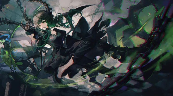 1girl,bangs,solo,scythe,holding_scythe,holding,horizontal,weapon,looking_at_viewer,green_hair,green_eyes,wings,horns,dress,chain,long_hair,long_sleeves,skull,black_hair,black_dress,black_footwear