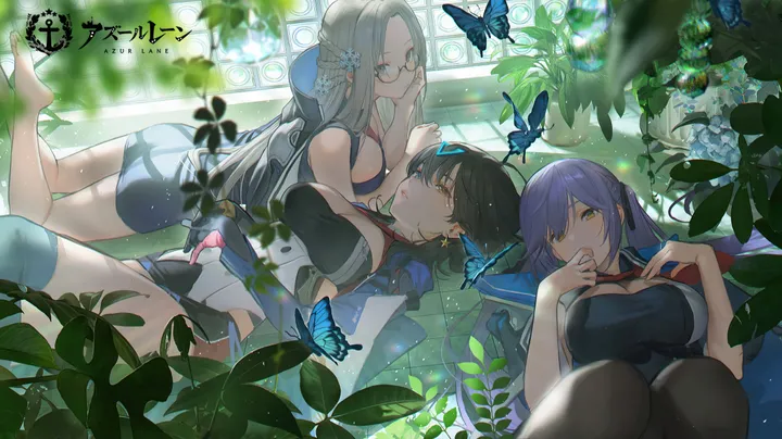 3girls,braid,ribbon,breasts,cleavage,on_back,parted_bangs,bangs,semi-rimless_eyewear,twintails,multiple_girls,hair_ornament,sidelocks,parted_lips,sleeveless,brown_eyes,plant,horizontal,french_braid,grey_hair,grey_eyes,jewelry,looking_at_viewer,glasses,smile,red_necktie,earrings,blue_hair,blue_cloak,blue_butterfly,blue_dress,bug,butterfly,barefoot,on_stomach,lying,large_breasts,thighhighs,dress,pantyhose,long_hair,snowflake_hair_ornament,necktie,flower,yellow_eyes,black_hair,black_dress