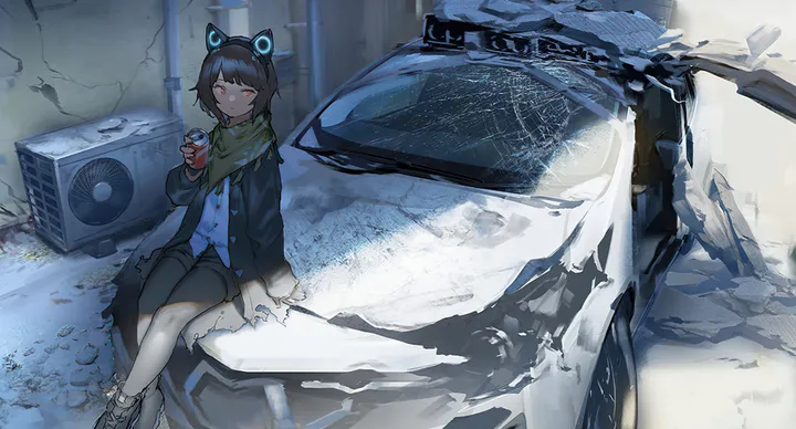 1girl,animal_ears,bangs,fake_animal_ears,animal_ear_headphones,solo,closed_mouth,scarf,ground_vehicle,sitting,jacket,holding_can,holding,can,motor_vehicle,horizontal,car,cat_ears,looking_at_viewer,short_hair,shorts,short_shorts,red_eyes,green_scarf,shirt,open_jacket,open_clothes,pantyhose,long_sleeves,shoes,black_hair,black_jacket,black_shorts