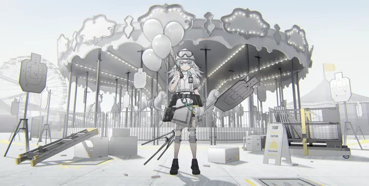 1girl,full_body,bandaid,solo,closed_mouth,hat,holding,ferris_wheel,horizontal,weapon,balloon,white_hair,white_headwear,looking_at_viewer,standing,bandaged_leg,bandages,bandaid_on_leg,blue_eyes,shirt,pouch,long_hair,black_footwear