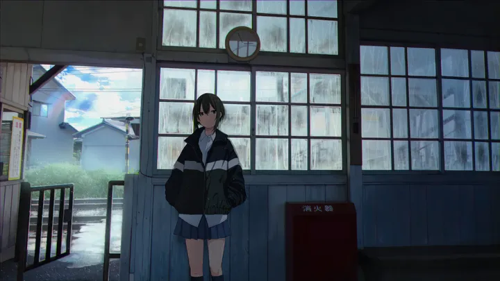 1girl,cloud,bangs,solo,kneehighs,hands_in_pockets,closed_mouth,cloudy_sky,sky,jacket,indoors,building,outdoors,clock,collared_shirt,brown_eyes,horizontal,white_shirt,pleated_skirt,looking_at_viewer,short_hair,skirt,window,standing,blue_skirt,shirt,socks,rain,scenery,black_hair,black_jacket,black_eyes,black_socks