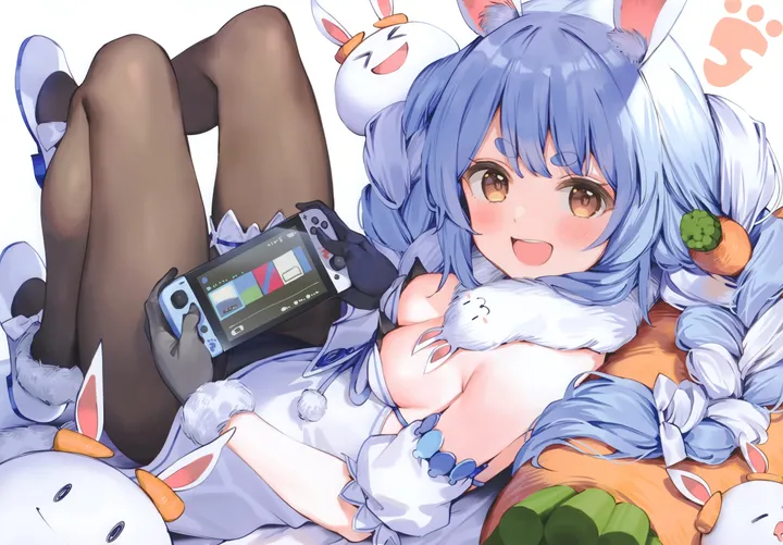 1girl,virtual_youtuber,braid,detached_sleeves,twin_braids,breasts,cleavage,on_back,nintendo_switch,from_side,bunny-shaped_pupils,rabbit_ears,animal_ears,bangs,solo,two-tone_hair,twintails,creature,scarf,multicolored_hair,hair_ornament,open_mouth,gloves,holding,holding_handheld_game_console,strapless,strapless_dress,strapless_leotard,simple_background,brown_eyes,horizontal,fur_trim,fur-trimmed_gloves,thick_eyebrows,white_coat,white_hair,white_background,white_sleeves,white_footwear,looking_at_viewer,short_sleeves,smile,symbol-shaped_pupils,leotard,fur_scarf,animal_ear_fluff,carrot_hair_ornament,blush,blue_hair,puffy_short_sleeves,puffy_sleeves,short_eyebrows,lying,small_breasts,dress,pantyhose,long_hair,bare_shoulders,shoes,food-themed_hair_ornament,black_gloves,black_pantyhose,black_leotard