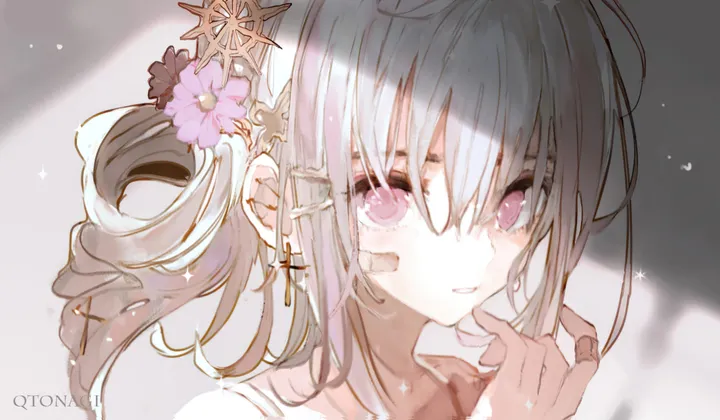 1girl,artist_name,bangs,bandaid,cross,cross_earrings,solo,portrait,hair_flower,hair_ornament,hair_between_eyes,parted_lips,hand_up,star_symbol,horizontal,grey_hair,jewelry,white_hair,looking_at_viewer,pink_eyes,pink_flower,earrings,bandaid_on_face,long_hair,flower