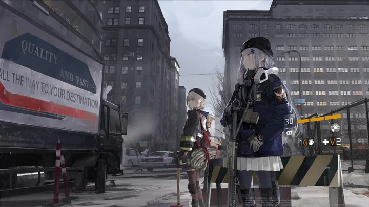 2girls,bag,truck,respirator,ground_vehicle,city,multiple_girls,headphones,jacket,hat,building,outdoors,gloves,holding_weapon,holding,motor_vehicle,gun,horizontal,rifle,weapon,car,grey_hair,white_hair,white_skirt,skirt,assault_rifle,standing,green_eyes,english_text,blue_jacket,street,road,road_sign,pantyhose,long_hair,snow,mask,mask_around_neck,black_headwear