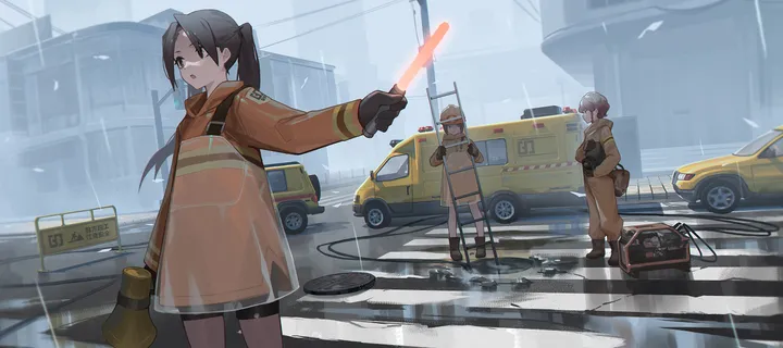 3girls,sign,bangs,see-through,closed_mouth,ground_vehicle,multiple_girls,helmet,jacket,building,outdoors,gloves,holding_weapon,megaphone,holding,motor_vehicle,brown_hair,brown_eyes,horizontal,weapon,car,short_hair,shorts,standing,road_sign,traffic_cone,bike_shorts,long_hair,long_sleeves,boots,rain,raincoat,ponytail,black_hair,black_gloves