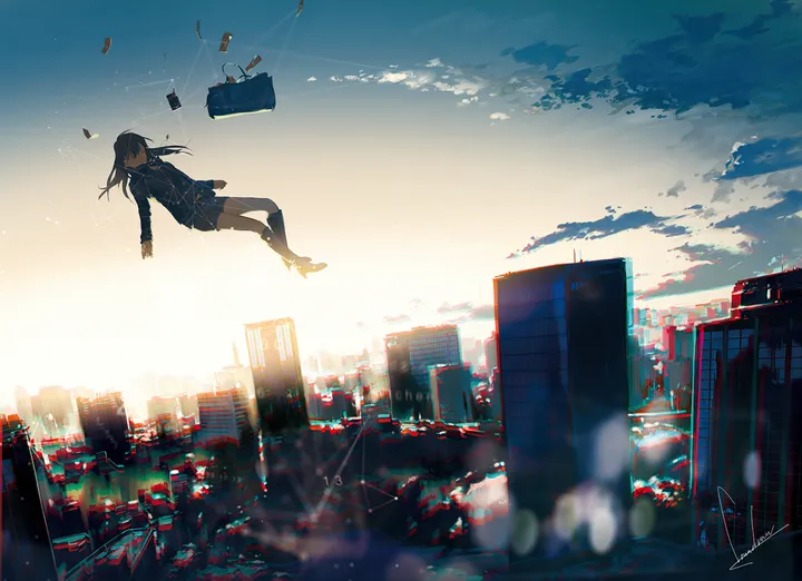 1girl,falling,school_bag,cloud,bag,solo,kneehighs,city,cityscape,sky,building,outdoors,phone,skyscraper,sunset,earphones,school_uniform,horizontal,floating,pleated_skirt,skirt,cellphone,signature,blue_eyes,socks,lens_flare,long_hair,long_sleeves,shoes,scenery,black_hair