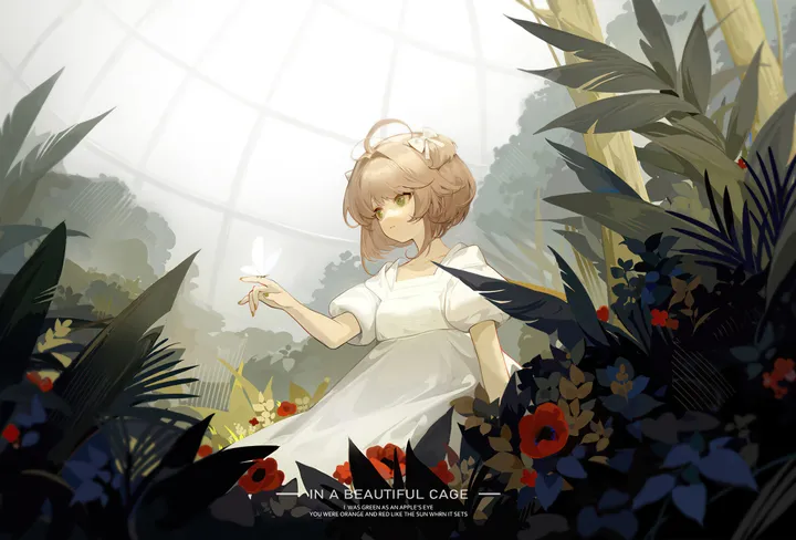 1girl,antenna_hair,artist_name,bangs,solo,ahoge,closed_mouth,brown_hair,plant,horizontal,white_bow,white_dress,short_hair,short_sleeves,red_flower,green_eyes,english_text,puffy_short_sleeves,puffy_sleeves,bug,butterfly,bow,hair_bow,dress,flower