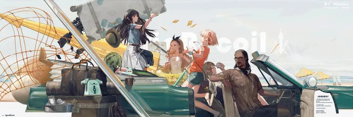 1boy,4girls,5girls,ribbon,artist_name,bangs,ground_vehicle,multiple_girls,holding,motor_vehicle,brown_hair,horizontal,fruit,car,short_hair,shorts,purple_eyes,red_eyes,shirt,watermelon,blonde_hair,long_hair,food,black_hair