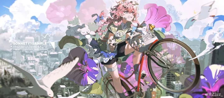 1girl,braid,cloud,artist_name,bangs,bandaid,solo,ground_vehicle,city,cloudy_sky,sky,hair_ornament,jacket,building,outdoors,horizontal,day,white_flower,short_sleeves,skirt,smile,pink_hair,bicycle,frills,blue_sky,blue_bow,bow,hair_bow,shirt,bike_shorts,long_hair,riding,flower,bird