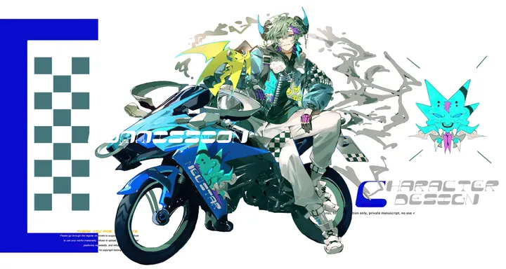 1boy,full_body,solo,character_name,ground_vehicle,sitting,sunglasses,jacket,gloves,bracelet,motorcycle,motor_vehicle,horizontal,smoke,jewelry,male_focus,white_pants,white_footwear,looking_at_viewer,short_hair,smile,green_hair,green_eyes,english_text,shirt,pants,horns,sneakers,shoes