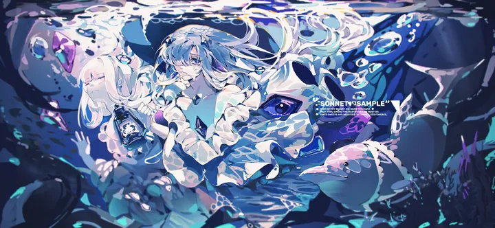 2girls,bangs,closed_eyes,closed_mouth,multiple_girls,horizontal,air_bubble,underwater,jellyfish,bubble,white_hair,blue_hair,blue_eyes,dress,long_hair,bare_shoulders,floating_hair,fish