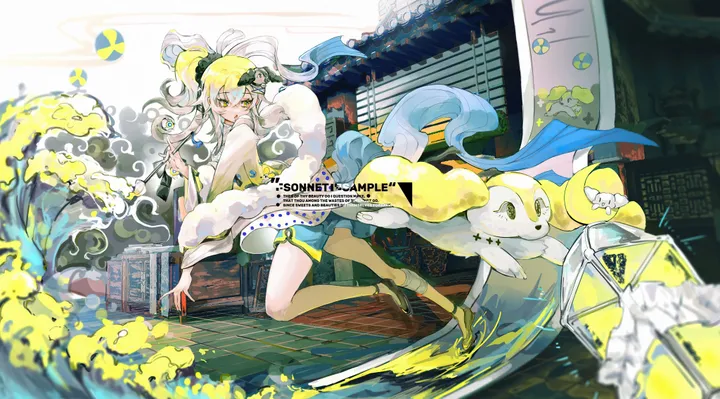 1girl,solo,horizontal,shorts,blonde_hair,long_hair,ponytail,yellow_eyes