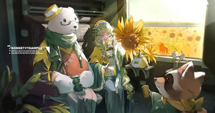 1girl,braid,bangs,animal,monocle,closed_eyes,sunflower,kimono,scarf,sitting,hair_flower,hair_ornament,indoors,wide_sleeves,hat,very_long_hair,holding,japanese_clothes,cup,horizontal,glasses,clothed_animal,smile,green_scarf,english_text,dress,long_hair,long_sleeves,flower,yellow_flower