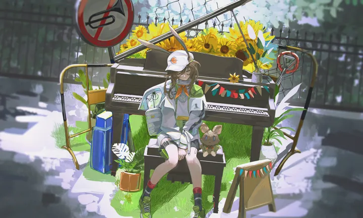 1girl,instrument,rabbit_girl,rabbit_ears,animal_ears,sign,bangs,solo,closed_eyes,sunflower,closed_mouth,sitting,thigh_strap,headphones,jacket,official_alternate_costume,hat,outdoors,ears_through_headwear,brown_hair,horizontal,stuffed_bunny,stuffed_animal,stuffed_toy,day,white_headwear,sleeping,rhodes_island_logo,socks,road_sign,traffic_cone,bench,long_hair,long_sleeves,shoes,flower,yellow_flower,black_footwear