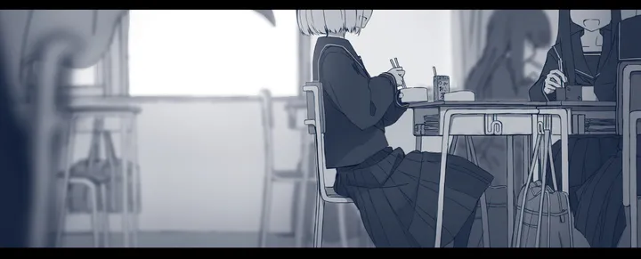 3girls,school_bag,desk,blurry_foreground,bag,solo_focus,monochrome,drinking_straw,on_chair,sitting,multiple_girls,indoors,holding,classroom,faceless_female,depth_of_field,school_uniform,chair,blurry,horizontal,serafuku,sailor_collar,letterboxed,pleated_skirt,juice_box,short_hair,skirt,window,shirt,school_desk,school_chair,head_out_of_frame,long_hair,long_sleeves,greyscale