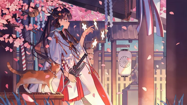 1girl,sheathed,bangs,sword,sheath,animal,solo,kimono,wide_sleeves,miko,outdoors,japanese_clothes,katana,brown_hair,horizontal,cherry_blossoms,weapon,shimenawa,lantern,cat,jingle_bell,skirt,standing,red_hakama,shide,rope,animal_on_shoulder,petals,hakama,hakama_skirt,bell,long_hair,bird,torii,black_hair