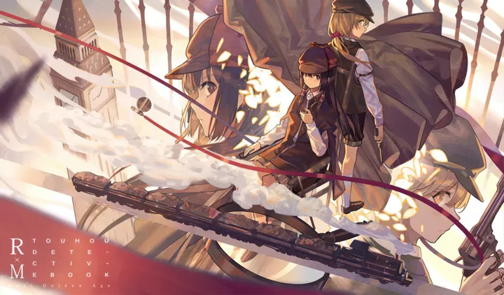 2girls,profile,train,bangs,closed_mouth,ground_vehicle,multiple_girls,revolver,hat,gloves,holding_weapon,handgun,cape,holding_gun,holding,collared_shirt,gun,brown_eyes,horizontal,weapon,smoke,white_shirt,looking_at_viewer,skirt,shorts,standing,vest,back-to-back,shirt,blonde_hair,long_hair,long_sleeves,necktie,yellow_eyes,black_hair,black_gloves,black_skirt,black_vest