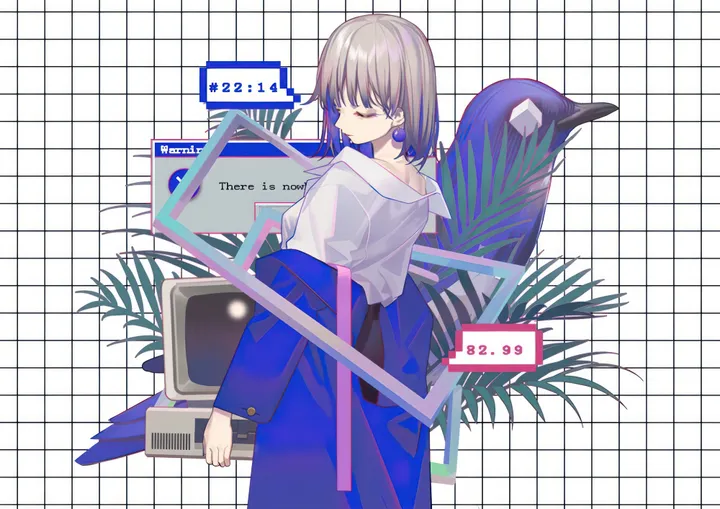 1girl,bangs,solo,closed_eyes,closed_mouth,multicolored_hair,jacket,holding,collared_shirt,barcode,plant,horizontal,grey_hair,jewelry,white_shirt,short_hair,skirt,earrings,english_text,blue_jacket,shirt,long_sleeves,off_shoulder,bird