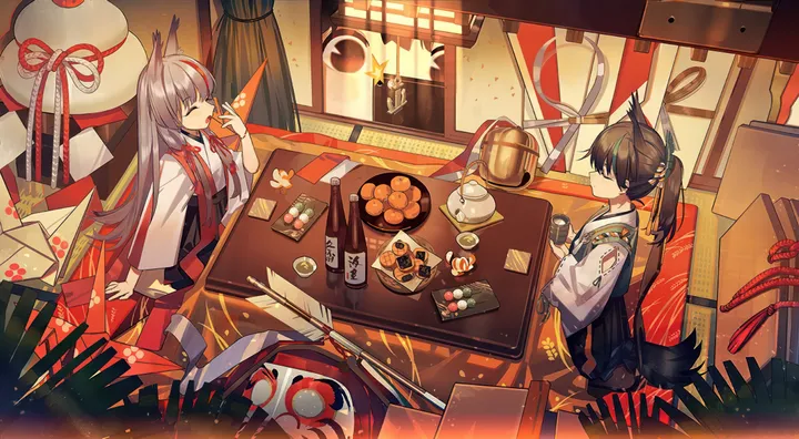 2girls,braid,animal_ears,closed_eyes,eating,kimono,sitting,multiple_girls,multicolored_hair,indoors,tail,holding,streaked_hair,japanese_clothes,wagashi,cup,table,horizontal,fruit,grey_hair,bottle,white_shirt,bowl,chopsticks,arrow_projectile,red_hair,mandarin_orange,shirt,kotatsu,kagami_mochi,long_hair,long_sleeves,food,ponytail,mochi,black_hair