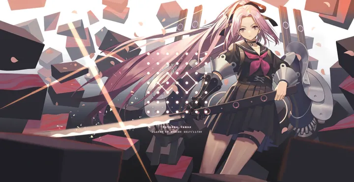 1girl,neckerchief,ribbon,sword,solo,thigh_strap,hair_ribbon,very_long_hair,holding_weapon,gauntlets,holding,school_uniform,horizontal,weapon,serafuku,pleated_skirt,looking_at_viewer,skirt,pink_hair,purple_hair,purple_eyes,long_hair,ponytail,black_serafuku,black_skirt