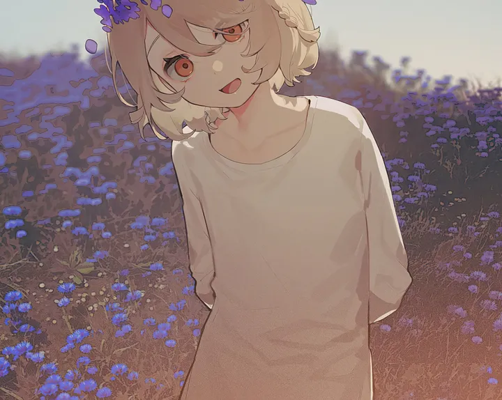 1girl,braid,upper_body,bangs,solo,arms_behind_back,head_wreath,open_mouth,outdoors,brown_hair,horizontal,orange_eyes,head_tilt,field,white_shirt,white_dress,looking_at_viewer,short_hair,smile,purple_flower,flower_field,blue_flower,shirt,dress,blonde_hair,collarbone,long_sleeves,flower